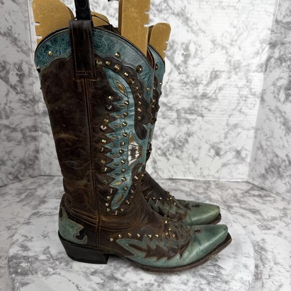 Stetson Thunderbird Studded Eagle Boot Size 7.5 Western Brown Turquoise Leather - Picture 3 of 11